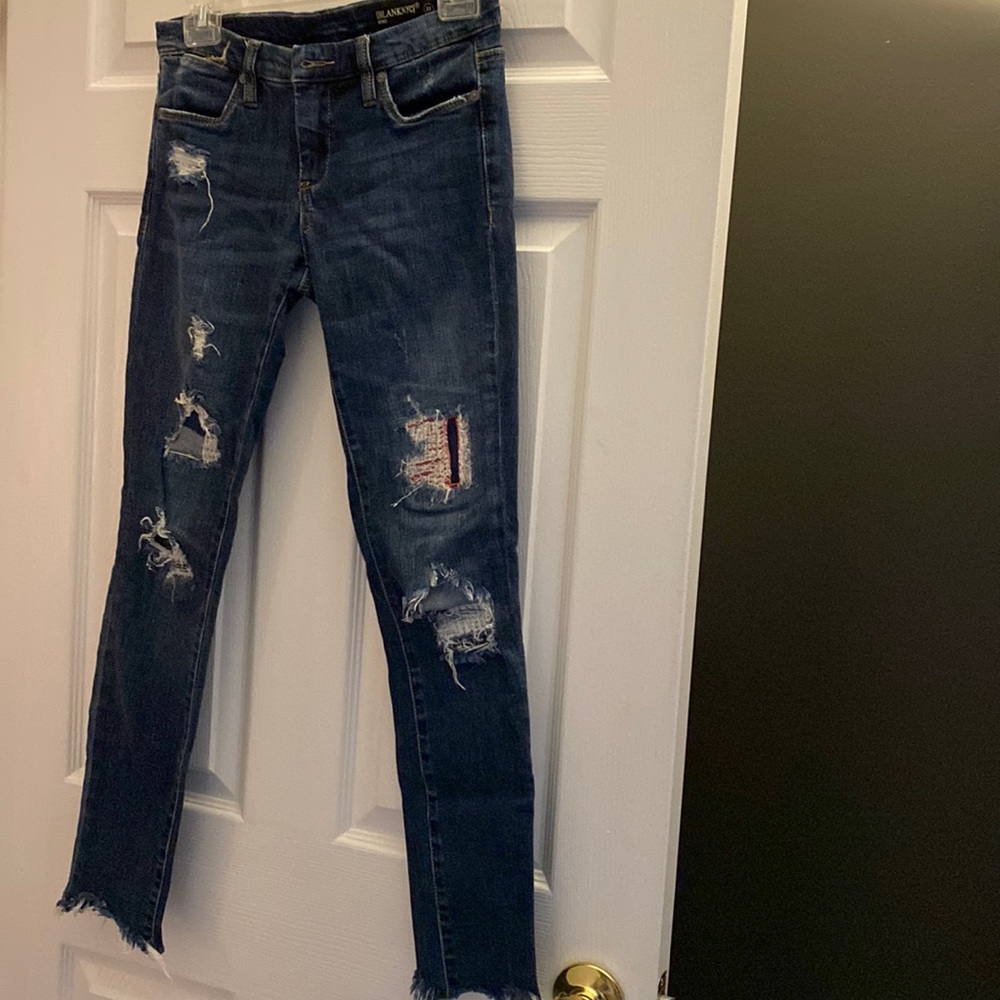 BlankNYC patchwork jeans with raw gem.